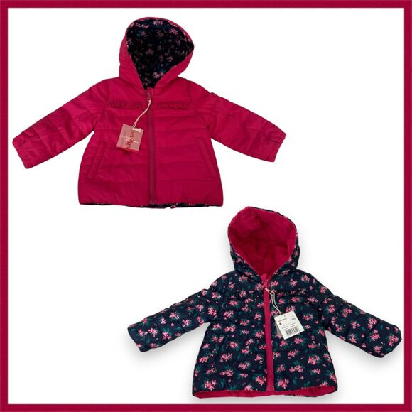 Du Pareil Au Meme Reversible Puffer Jacket 6 Months Bright Pink Navy Floral NWT - Picture 1 of 5